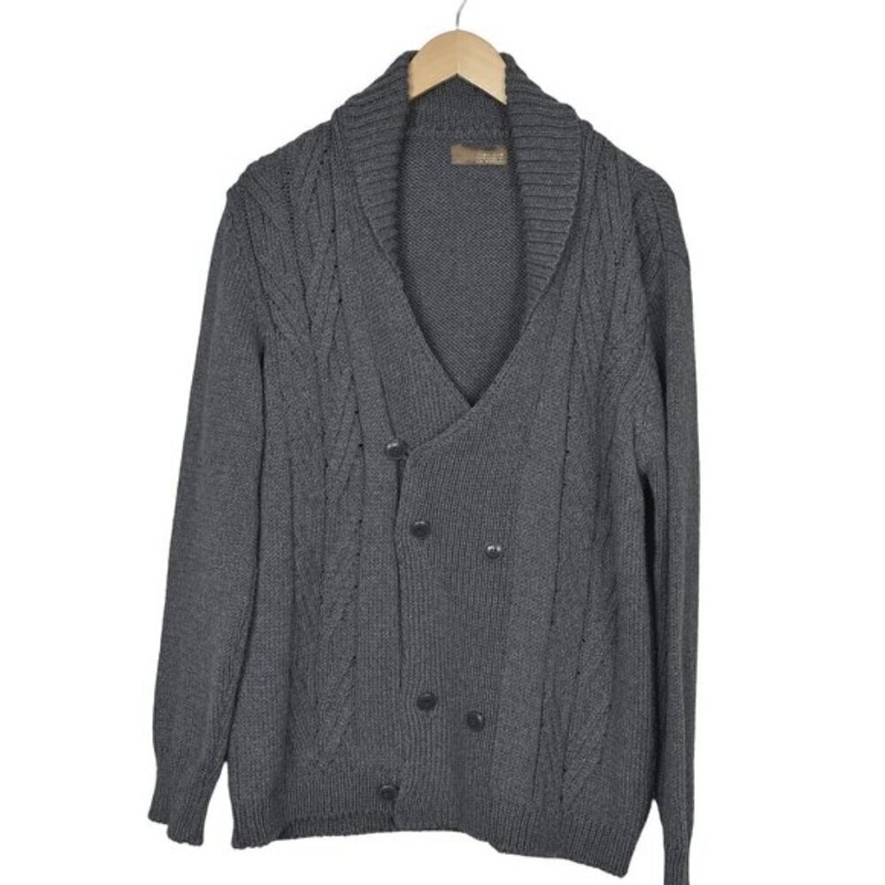 Zara Man Knit Cardigan Sweater Shawl Collar Button Down Gray Cable Knit XL